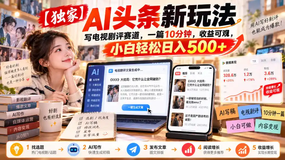 【独家】AI头条新玩法,写电视剧评赛道,一篇10分钟,收益可观,小白轻松日入500+-海淘下载站
