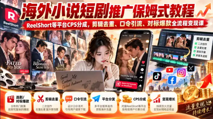 海外小说短剧推广保姆式教程|ReelShort等平台CPS分成,剪辑去重、口令引流、对标爆款全流程变现课-海淘下载站