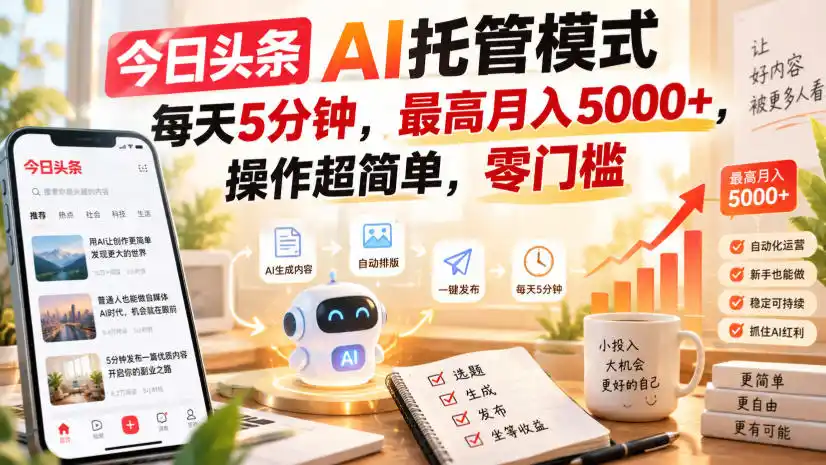 今日头条AI托管模式,每天5分钟,最高月入5000+,操作超简单,零门槛【揭秘】 今日头条AI托管模式,每天5分钟,最高月入5000+,操作超简单,零门槛【揭秘】