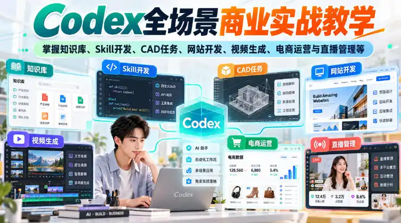 Codex全场景商业实战教学，掌握知识库、Skill开发、CAD任务、网站开发、视频生成、电商运营与直播管理等(更新1010)-海淘下载站