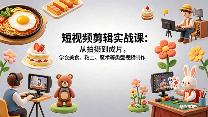 短视频剪辑实战课：从拍摄到成片，学会美食、粘土、魔术等类型视频制作-海淘下载站