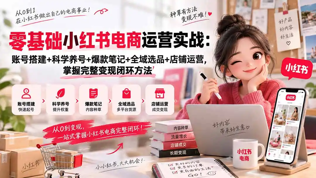 零基础小红书电商运营实战：账号搭建+科学养号+爆款笔记+全域选品+店铺运营，掌握完整变现闭环方法-海淘下载站