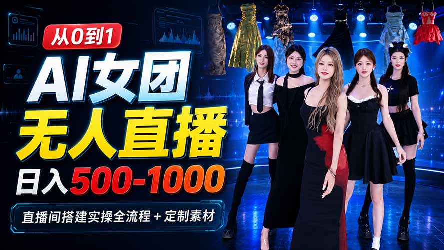 AI 女团无人直播，躺入500-1000每天，直播间搭建实操全流程+定制素材-海淘下载站