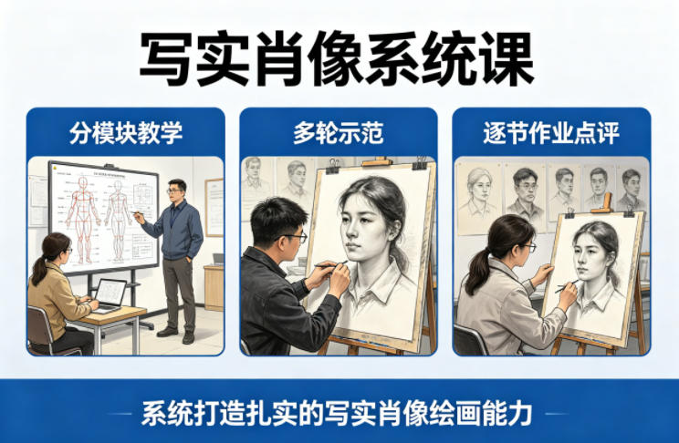 写实肖像系统课，全程分模块教学+多轮示范+逐节作业点评，系统打造扎实的写实肖像绘画能力-海淘下载站