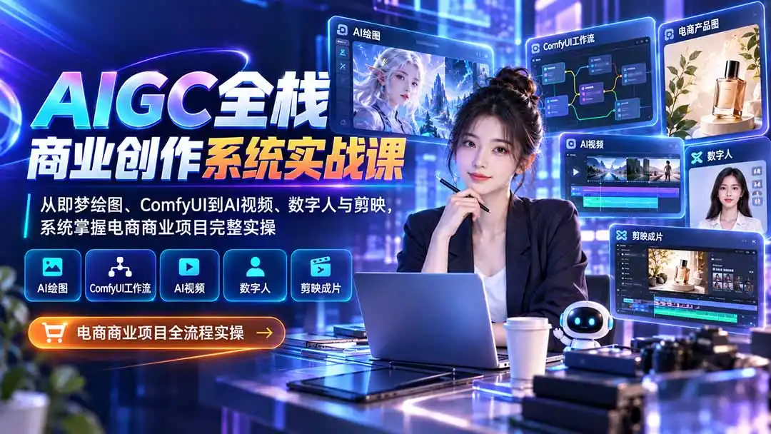 AIGC全栈商业创作系统实战课-无水印:从即梦绘图、ComfyUI到AI视频、数字人与剪映,系统掌握电商商业项目完整实操-海淘下载站