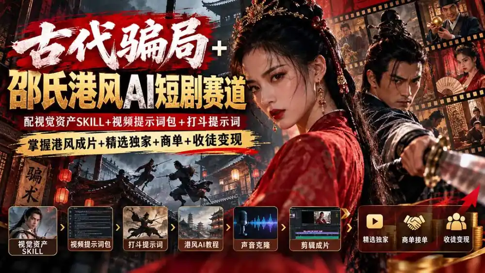 古代骗局+邵氏港风AI短剧赛道：配视觉资产SKILL+视频提示词包+打斗提示词，掌握港风成片+精选独家+商单+收徒变现-海淘下载站