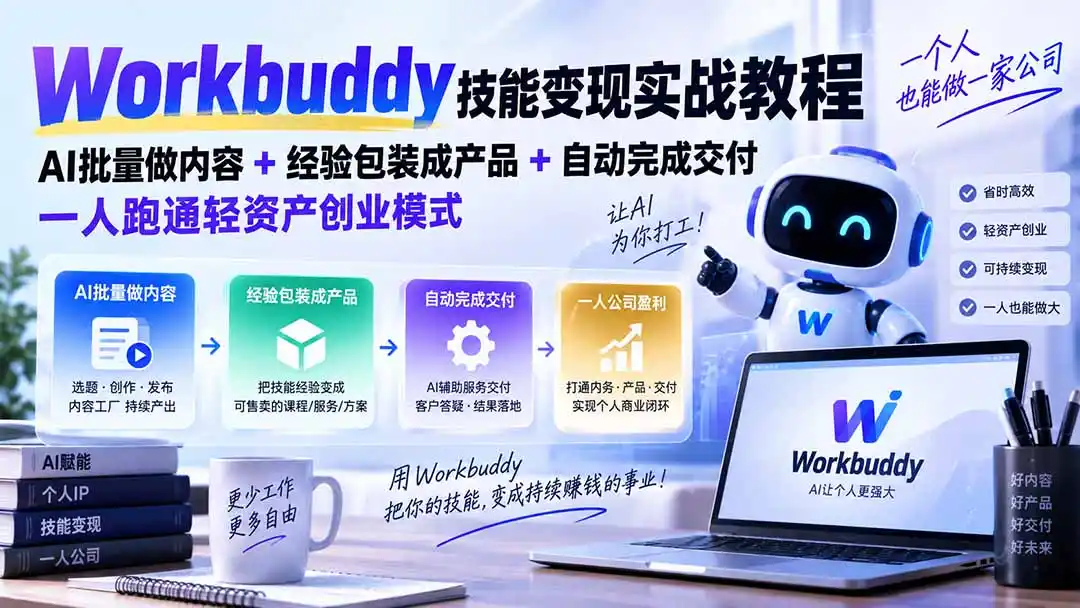 Workbuddy技能变现实战教程：AI批量做内容+经验包装成产品+自动完成交付，一人跑通轻资产创业模式-海淘下载站