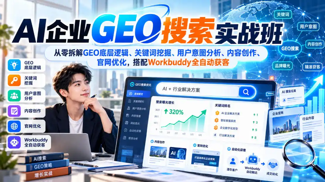 AI企业GEO搜索实战班，从零拆解GEO底层逻辑、关键词挖掘、用户意图分析、内容创作、官网优化，搭配Workbuddy全自动获客-海淘下载站