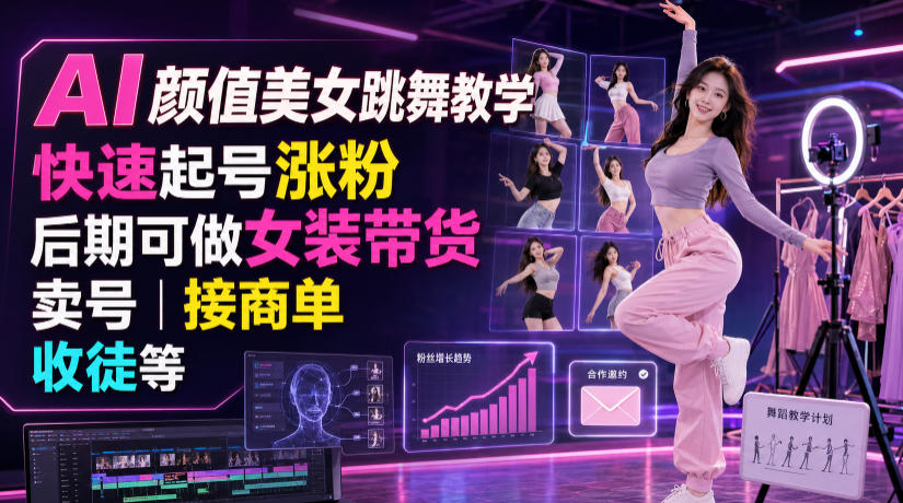 AI颜值美女跳舞教学，快速起号涨粉，后期可做女装带货，卖号，接商单，收徒等-海淘下载站