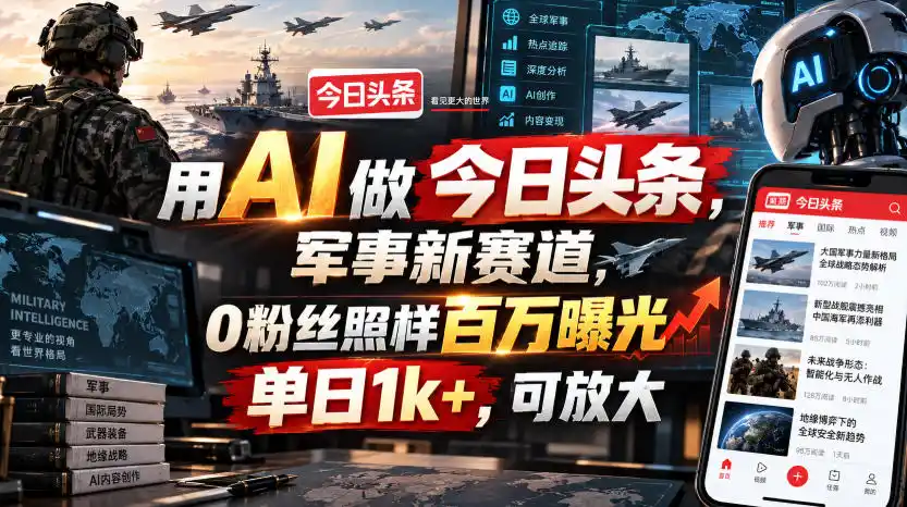用AI做今日头条，军事新赛道，0粉丝照样百万曝光，单日1k+，可放大-海淘下载站