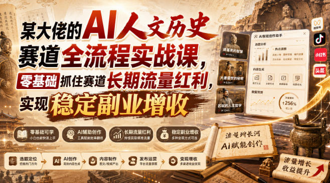 某大佬的AI人文历史赛道全流程实战课，零基础抓住赛道长期流量红利，实现稳定副业增收-海淘下载站