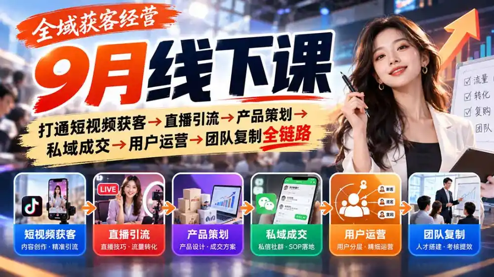 全域获客经营9月线下课:打通短视频获客→直播引流→产品策划→私域成交→用户运营→团队复制全链路-海淘下载站