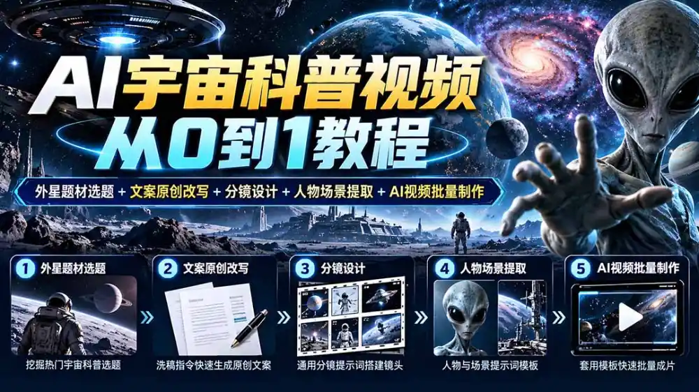 AI宇宙科普视频从0到1教程|外星题材选题+文案原创改写+分镜设计+人物场景提取+AI视频批量制作-海淘下载站