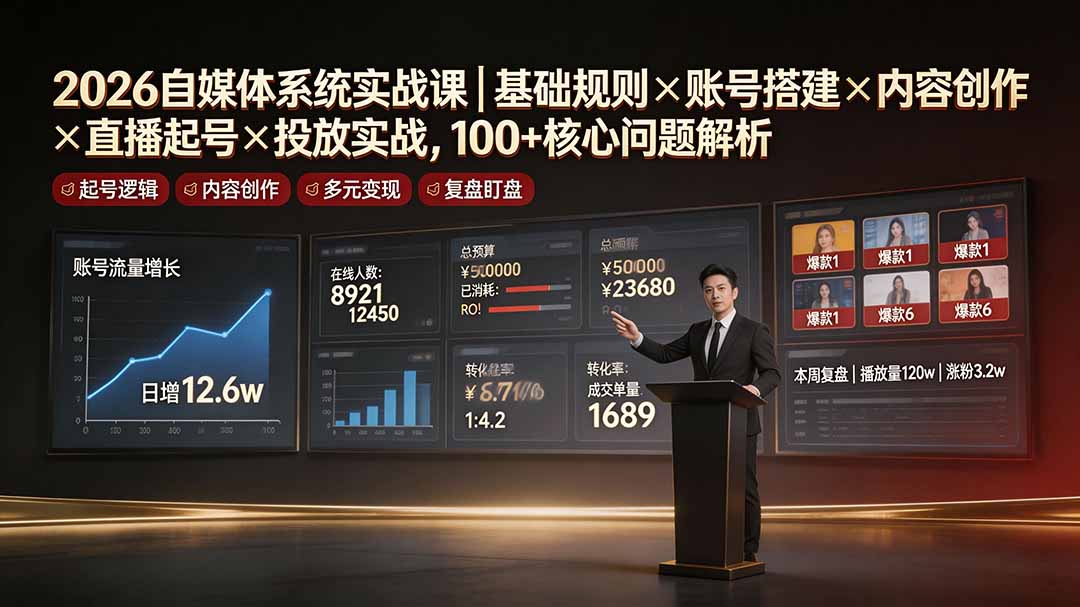 2026自媒体系统实战课｜基础规则×账号搭建×内容创作×直播起号×投放实战，100+核心问题解析-海淘下载站