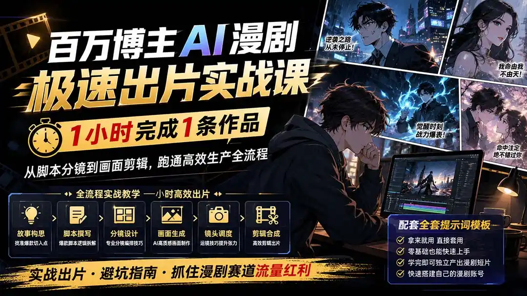 百万博主AI漫剧极速出片实战课:1小时产出条作品,从脚本分镜到画面剪辑,跑通高效生产全流程-海淘下载站