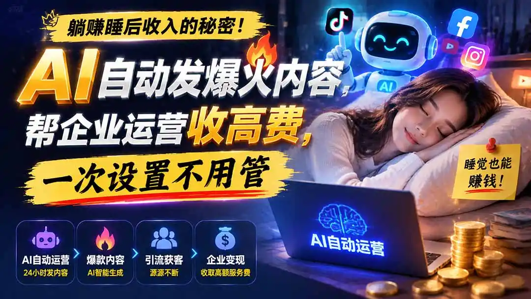 躺赚睡后收入的秘密！AI 自动发爆火内容，帮企业运营收高费，一次设置不用管【原创双语字幕】-海淘下载站