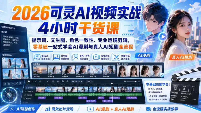 2026可灵AI视频实战4小时干货课|提示词、文生图、角色一致性、专业运镜剪辑,零基础一站式学会AI漫剧与真人AI短剧全流程 2026可灵AI视频实战4小时干货课|提示词、文生图、角色一致性、专业运镜剪辑,零基础一站式学会AI漫剧与真人AI短剧全流程