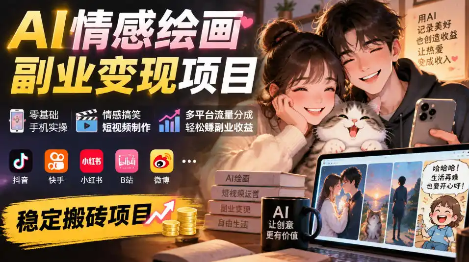 AI情感绘画副业变现项目｜零基础手机实操，情感搞笑短视频制作，多平台流量分成轻松賺副业收益-海淘下载站