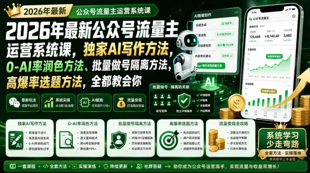 2026年最新公众号流量主运营系统课,独家AI写作方法,0-AI率润色方法、批量做号隔离方法、高爆率选题方法,全都教会你(更新1009) 2026年最新公众号流量主运营系统课,独家AI写作方法,0-AI率润色方法、批量做号隔离方法、高爆率选题方法,全都教会你(更新1009)