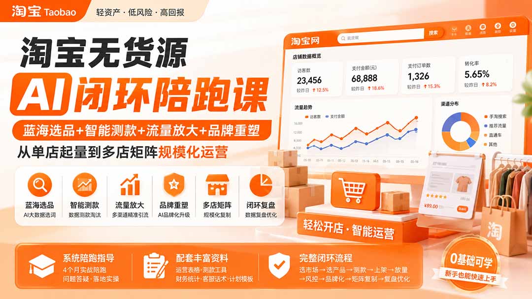 淘宝无货源AI闭环陪跑课：蓝海选品+智能测款+流量放大+品牌重塑，从单店起量到多店矩阵规模化运营-海淘下载站
