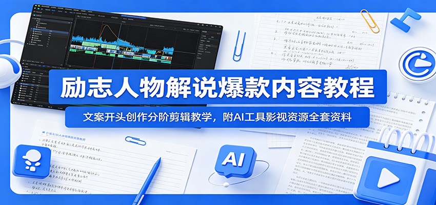 励志人物解说爆款内容教程:文案开头创作分阶剪辑教学,附AI 工具影视资源全套资料-海淘下载站