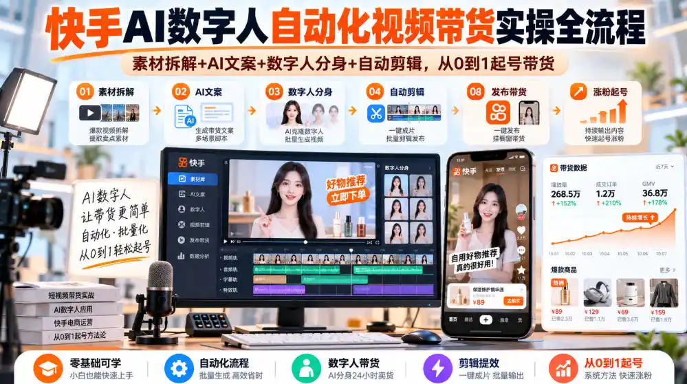 快手AI数字人自动化视频带货实操全流程|素材拆解+AI文案+数字人分身+自动剪辑,从0到1起号带货(更新26年)-海淘下载站