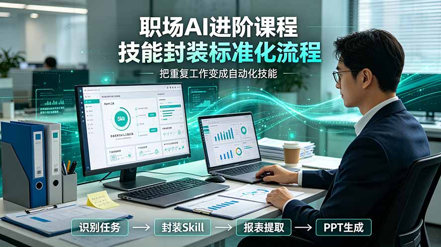 职场AI进阶课程；多类实用Skill工具实操，专属技能封装标准化流程，报表行业报告一键提取核心内容-海淘下载站