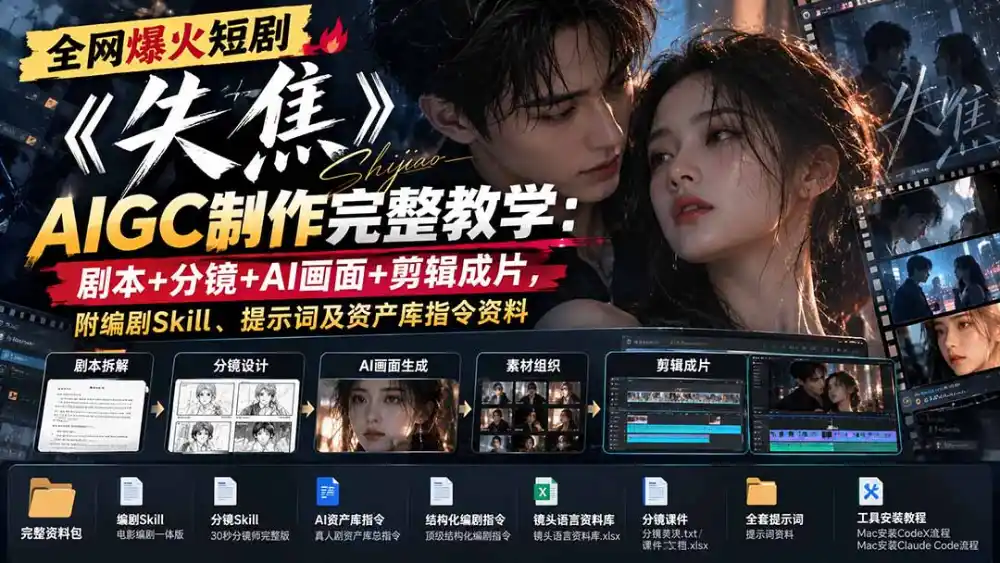 全网爆火短剧《失焦》AIGC制作完整教学：剧本+分镜+AI画面+剪辑成片，附编剧Skill、提示词及资产库指令资料-海淘下载站