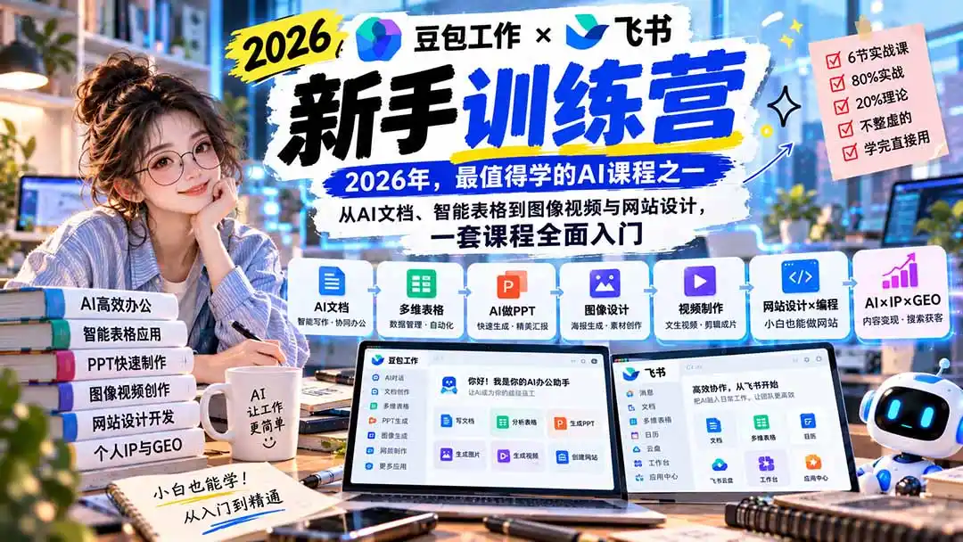 2026豆包工作+飞书新手训练营-9月新课：从AI文档、智能表格到图像视频与网站设计，一套课程全面入门-海淘下载站
