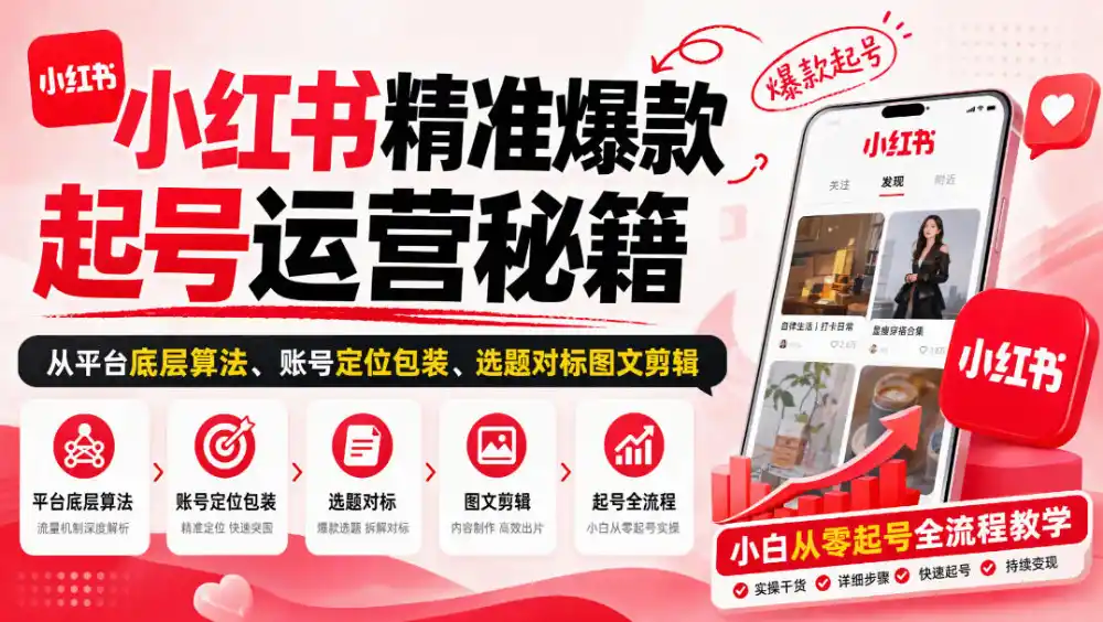 小红书精准爆款起号运营秘籍,从平台底层算法、账号定位包装、选题对标图文剪辑,小白从零起号全流程-海淘下载站