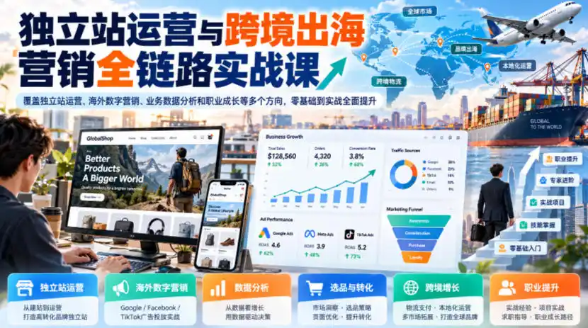 独立站运营与跨境出海营销全链路实战课,覆盖独立站运营、海外数字营销、业务数据分析和职业成长等多个方向,零基础到实战全面提升 独立站运营与跨境出海营销全链路实战课,覆盖独立站运营、海外数字营销、业务数据分析和职业成长等多个方向,零基础到实战全面提升