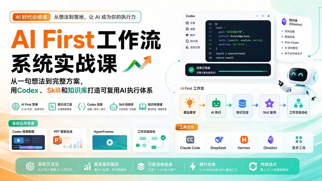 AI First工作流系统实战课:从一句想法到完整方案,用Codex、Skill和知识库打造可复用AI执行体系 AI First工作流系统实战课:从一句想法到完整方案,用Codex、Skill和知识库打造可复用AI执行体系