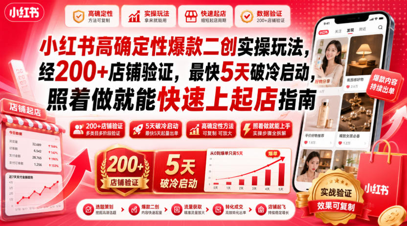 小红书高确定性爆款二创实操玩法,经200+店铺验证,最快5天破冷启动,照着做就能快速上起店指南-海淘下载站