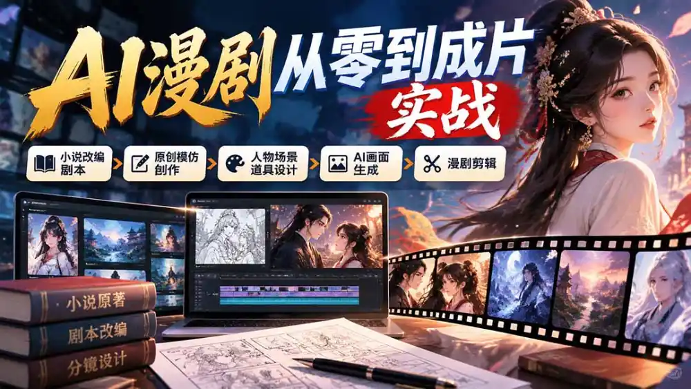AI漫剧从零到成片实战:小说改编剧本、原创模仿创作、人物场景道具设计、AI画面生成与漫剧剪辑-海淘下载站