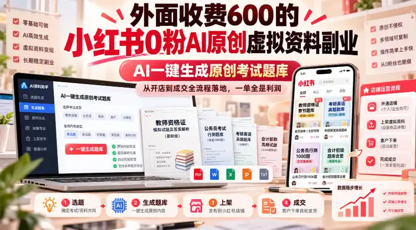 外面收费600的小红书0粉AI原创虚拟资料副业,AI一键生成原创考试题库,从开店到成交全流程落地,一单全是利润 外面收费600的小红书0粉AI原创虚拟资料副业,AI一键生成原创考试题库,从开店到成交全流程落地,一单全是利润