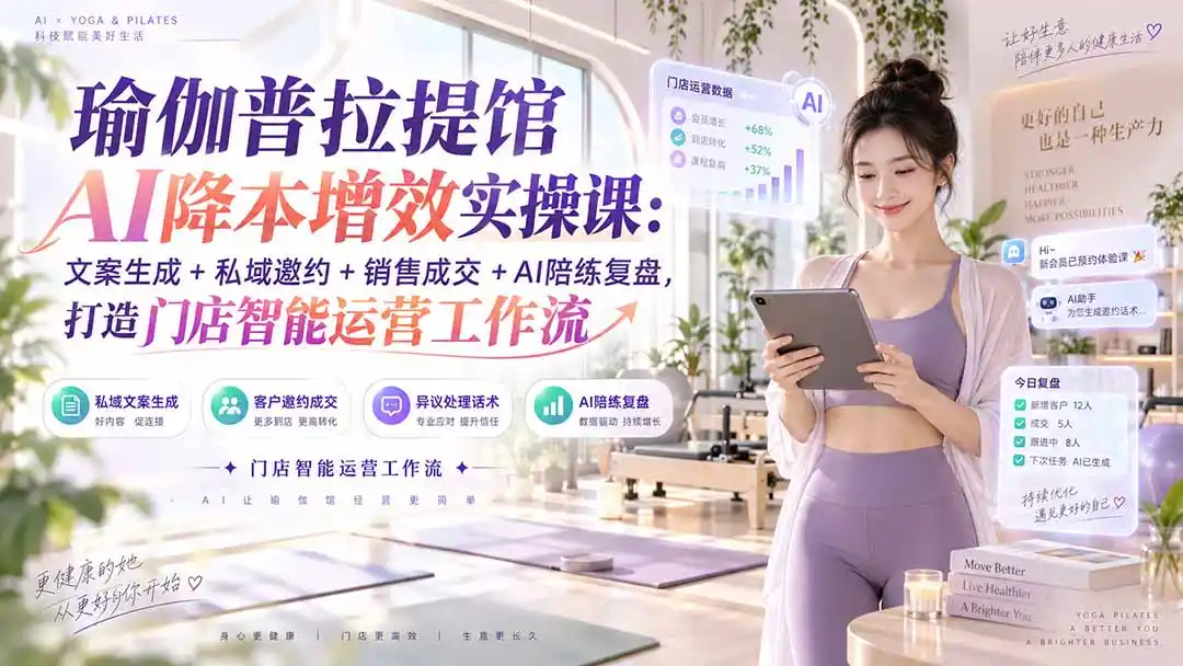 瑜伽普拉提馆AI降本增效实操课：文案生成+私域邀约+销售成交+AI陪练复盘，打造门店智能运营工作流-海淘下载站