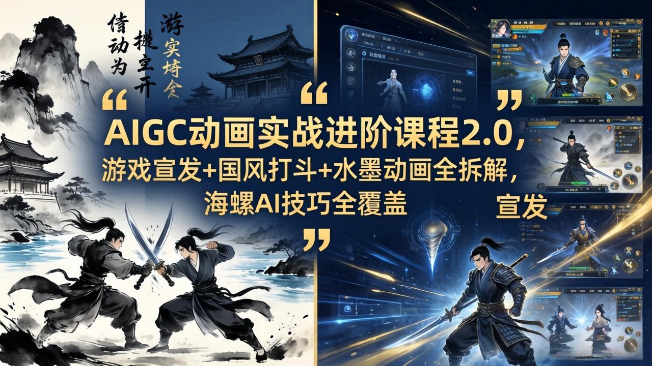 AIGC动画实战进阶课程2.0，游戏宣发+国风打斗+水墨动画全拆解，海螺AI技巧全覆盖-海淘下载站