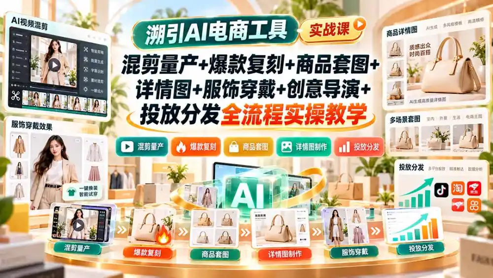 溯引AI电商工具实战课：混剪量产+爆款复刻+商品套图+详情图+服饰穿戴+创意导演+投放分发全流程实操教学-海淘下载站