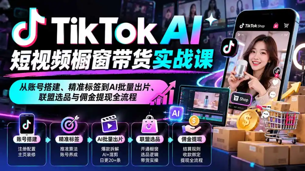 TikTok AI短视频橱窗带货实战课：从账号搭建、精准标签到AI批量出片、联盟选品与佣金提现全流程