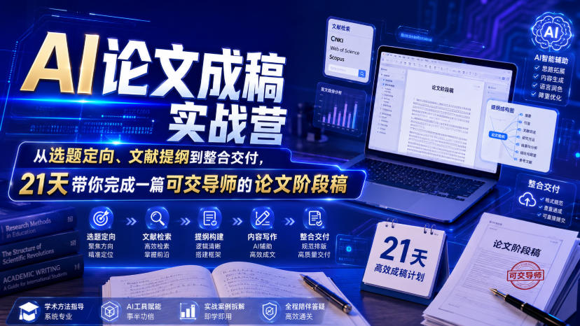 AI论文成稿实战营，从选题定向、文献提纲到整合交付，21天带你完成一篇可交导师的论文阶段稿-海淘下载站