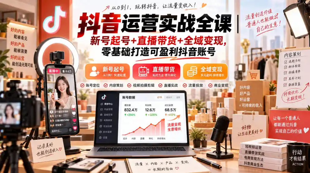 抖音运营实战全课|新号起号+直播带货+全域变现,零基础打造可盈利抖音账号-海淘下载站