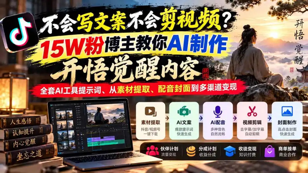 不会写文案不会剪视频?15W粉博主教你AI制作开悟觉醒内容,全套AI工具提示词、从素材提取、配音封面到多渠道变现-海淘下载站