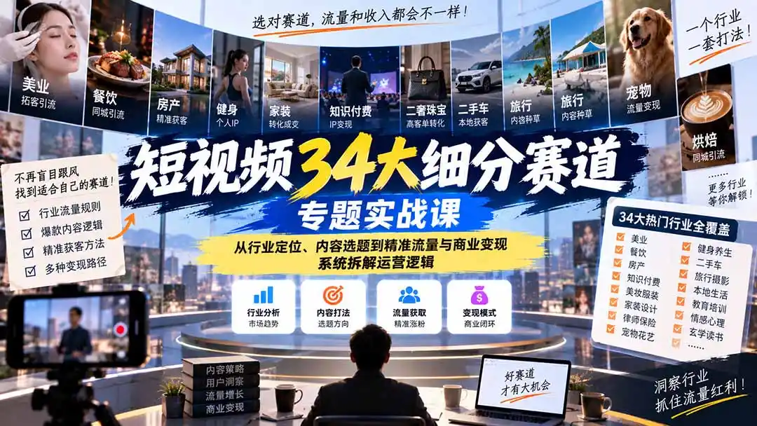 短视频34大细分赛道专题实战课：从行业定位、内容选题到精准流量与商业变现，系统拆解运营逻辑-海淘下载站