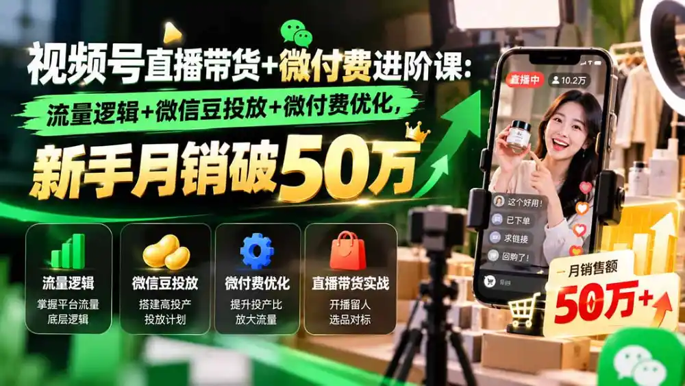 视频号直播带货+微付费进阶课-更新1010：流量逻辑+微信豆投放+微付费优化，新手月销破50万-海淘下载站