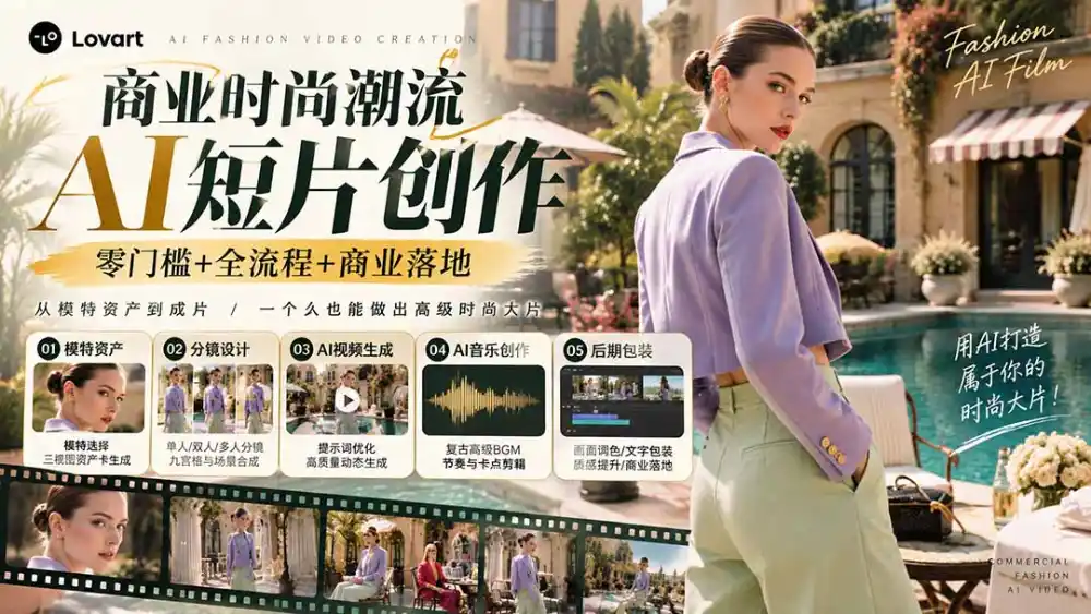 从一张模特图到高级时尚广告大片:AI三视图资产、场景合成、电影分镜、动态生成与复古音乐剪辑实战课-海淘下载站