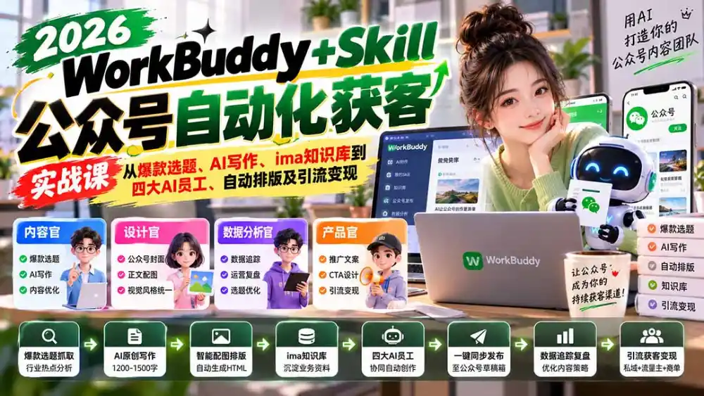 WorkBuddy + Skill公众号自动化获客实战课:从爆款选题、AI写作、ima知识库到四大AI员工、自动排版及引流变现 WorkBuddy + Skill公众号自动化获客实战课:从爆款选题、AI写作、ima知识库到四大AI员工、自动排版及引流变现