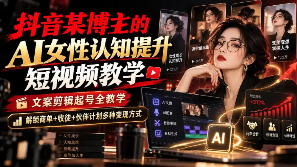 抖音某博主的Ai女性认知提升短视频教学，文案剪辑起号全教学，解锁商单+收徒+伙伴计划多种变现方式-海淘下载站