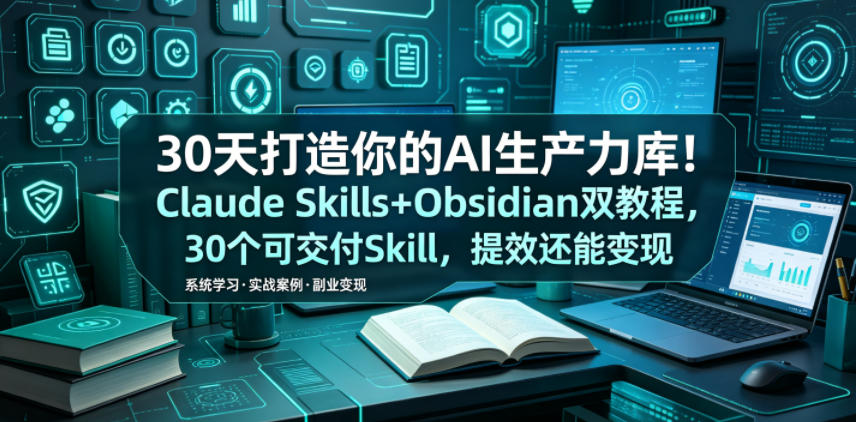 30天打造你的AI生产力库!Claude Skills+Obsidian 双教程,30 个可交付 Skill,提效还能变现-海淘下载站