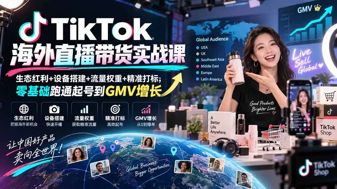 TikTok海外直播带货实战课|生态红利+设备搭建+流量权重+精准打标,零基础跑通起号到GMV增长-海淘下载站