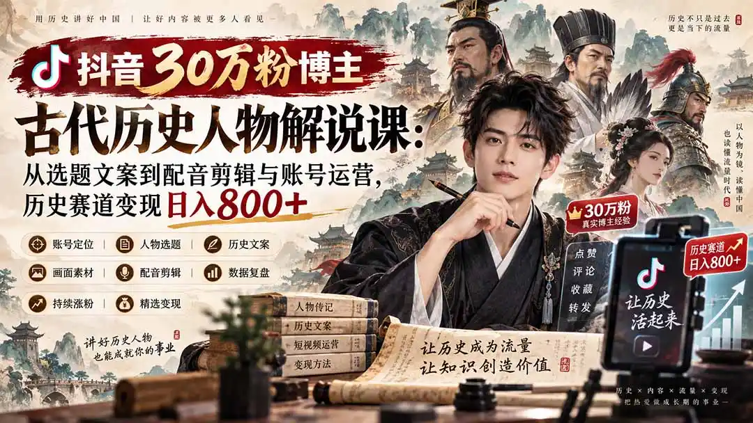 抖音30万粉博主古代历史人物解说课:从选题文案到配音剪辑与账号运营,历史赛道变现日入800+-海淘下载站